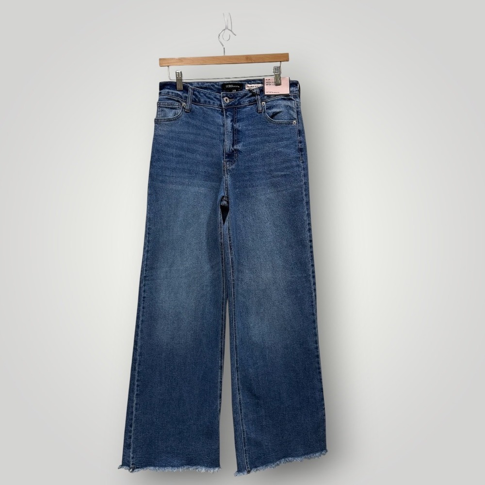 BCBGeneration Womens High Rise Wide Leg Jeans Medium Wash Blue Raw Hem Size 9/29